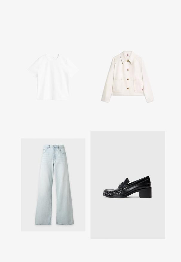 Veste écrue à boutons avec manches longues, deux poches avant, un col pointu et une petite broderie rouge sur la poche inférieure droite.; T-shirt blanc uni à manches courtes et col rond exposé sur un fond blanc, montrant la vue de face et des détails de couture minimaux.; Jean bleu clair taille haute à jambes larges avec bouton et fermeture éclair devant, poches avant et passants de ceinture sur fond blanc.; Mocassins en cuir noir avec un devant froncé, bout rond et un talon carré. Présentent une bande décorative et des détails de couture le long des bords.