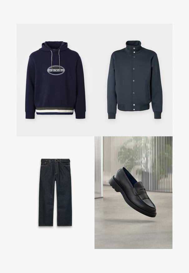 Marineblauwe sweatshirtjas met een hoge kraag, drukknoopsluiting, gebreide manchetten en zijzakken. Voorzien van een Lacoste-logo op de borst.; Marineblauwe hoodie met geborduurd logo op een ovale patch. Beschikt over een capuchon met trekkoord en een gestructureerde ribbelrand met contrasterende strepen.; Donkerblauwe denim spijkerbroek met rechte pijpen, riemlussen en een zwarte riem, met voorzakken en zichtbare stiksels op een witte achtergrond.; Zwarte leren loafers met een gladde afwerking, voorzien van een decoratieve band en een gestructureerd paneel aan de voorkant, en een rubberen zool met textuur.