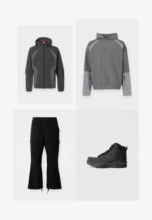 Tmavosivá mikina s kapucňou Nike s celoprepínacím zipsom vpredu, na boku so zipsovými vreckami a elastickými manžetami, zobrazená na bielom pozadí.; Sivá mikina s kapucňou s textúrovaným sivým telom, raglánovými rukávmi, predným vreckom a detailom so zipsom na boku. Na hrudi čierne logo.; Čierne cargo nohavice s elastickým pásom, vybavené bočnými vreckami a širokými nohavicami so zipsami na manžetách, prezentované na bielom pozadí.; Čierne vysoké tenisky s hladkým syntetickým povrchom, okrúhlou špičkou, polstrovaným golierom a štruktúrovanou gumovou podrážkou. Obsahujú šnurovací dizajn a akcent s logom.