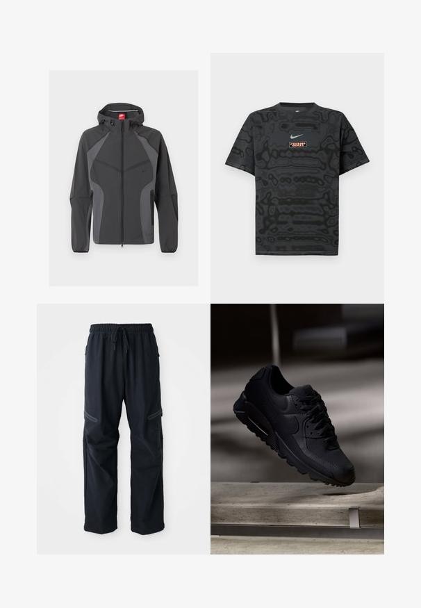 Donkergrijze Nike-hoodie met volledige ritssluiting aan de voorkant, ritssluiting aan de zijkanten en elastische manchetten, afgebeeld tegen een witte achtergrond.; Zwart T-shirt met een gestructureerd patroon, met een klein Nike-logo in lichtblauw en een rechthoekige logopatch in contrasterende kleuren.; Zwarte casual broek met elastische tailleband, trekkoord en ritszakken op een witte achtergrond.; Zwarte Nike Air Max 90 sneaker met een gestructureerd mesh bovenwerk, gladde leren accenten, een gevoerd kraagje en zichtbare luchtkussens in de zool.