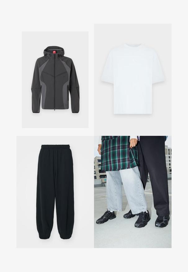 Tmavosivá mikina s kapucňou Nike s celoprepínacím zipsom vpredu, na boku so zipsovými vreckami a elastickými manžetami, zobrazená na bielom pozadí.; Svetlomodré bavlnené tričko s krátkym rukávom a okrúhlym výstrihom. Na hrudi má malý biely logo Jordana.; Čierne tepláky s elastickým pásom, vo voľnom strihu, s manžetami na členkoch, hladkej textúry a bez viditeľných vzorov alebo kovových doplnkov.; Čierne športové topánky s sieťovinou a gumovými akcentmi. Nosené s svetlošedými širokými džínsami a kockovaným zeleným topom. Pozadie s plochým povrchom.