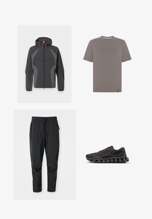 Donkergrijze Nike-hoodie met volledige ritssluiting aan de voorkant, ritssluiting aan de zijkanten en elastische manchetten, afgebeeld tegen een witte achtergrond.; Effen korte mouw T-shirt met ronde hals in een effen taupekleur, met een klein zwart-wit label aan de onderzoom.; Zwarte lichte broek met elastische tailleband, koord, ritszakken aan de zijkant, gebogen knieën en ritssluitingen bij de enkels.; Zwarte lage sneaker met een bovenwerk van gestructureerde stof, zichtbare veters en een unieke gesegmenteerde zool met dikke demping.