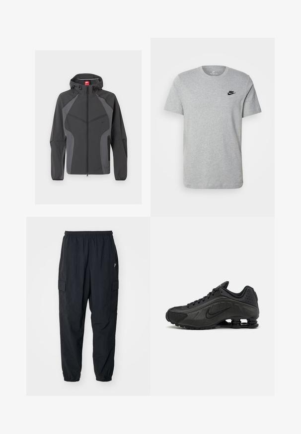 Mørkegrå Nike hættejakke med fuld lynlås foran, lynlåslommer i siderne og elastiske manchetter, vist på hvid baggrund.; Grå kortærmet T-shirt i bomuld med et sort Nike-logo på brystet og rund halsudskæring. Minimalistisk design uden mønstre.; Sorte cargo-bukser lavet af letvægtsmateriale, der har en elastisk talje, sidelommer og en afslappet pasform med elastiske manchetter.; Sorte løbesko med en glat syntetisk overdel, perforerede detaljer, teksturerede sidedele og en distinkt fjedrende sål.