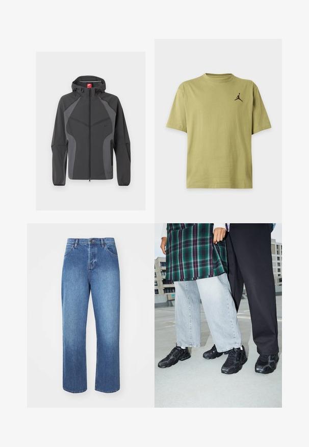 Mørkegrå Nike hættejakke med fuld lynlås foran, lynlåslommer i siderne og elastiske manchetter, vist på hvid baggrund.; Enkelt olivengrønt T-shirt med korte ærmer og et lille sort Jumpman-logo på øverste venstre bryst.; Denim jeans i mellemblå med lige ben, traditionel fem-lommes styling og klassisk knap-og-lynlås lukning.; Sorte atletik sko med mesh- og gummidetaljer. Båret med lysegrå vide jeans og en ternet grøn bluse. Flad overflade i baggrunden.