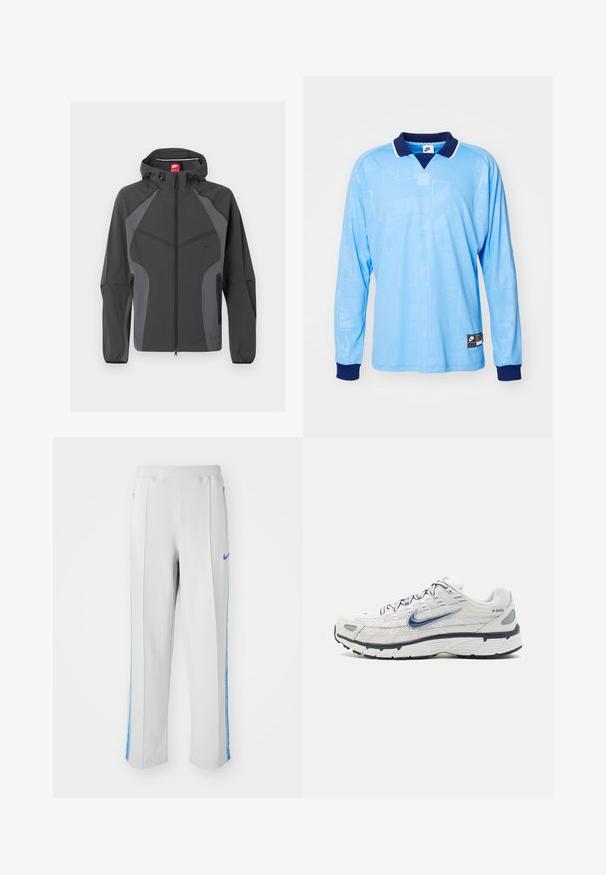 Mørkegrå Nike hættejakke med fuld lynlås foran, lynlåslommer i siderne og elastiske manchetter, vist på hvid baggrund.; Lyseblå langærmet polo trøje med marineblå krave og manchetter, med et diskret all-over mønster og Nike-logo på den nederste kant.; Lys grå sportsbukser med blå sidelister, der har en afslappet pasform, elastisk talje og lynlåslommer. Nike-logo foran.; Nike Sportswear P 6000 - Sneakers - phantom/obsidian/summit white/white/black/metallic silver