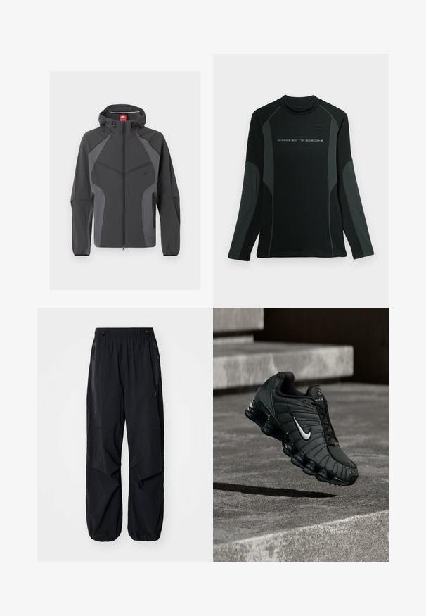 Tmavosivá mikina s kapucňou Nike s celoprepínacím zipsom vpredu, na boku so zipsovými vreckami a elastickými manžetami, zobrazená na bielom pozadí.; Čierna polokošeľa s dlhým rukávom a vysokým golierom, vyrobená z textúrovaného materiálu. Má sivé bočné panely a logo "NIKE TECH" na hrudi.; Čierne ľahké cargo nohavice s elastickým pásom, bočnými zipsami a priestrannými vreckami. Majú voľný strih a zúžené manžety.; Športová obuv Nike v tmavo zelenej farbe, s hladkým syntetickým zvrškom, sieťovinou, čiernymi šnúrkami a lesklou podrážkou s vzduchovým odpružením.
