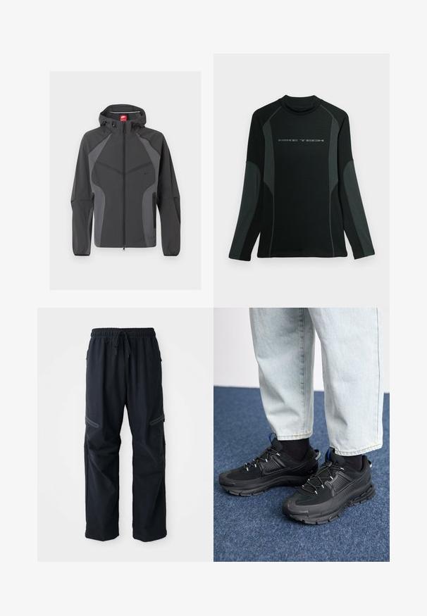 Donkergrijze Nike-hoodie met volledige ritssluiting aan de voorkant, ritssluiting aan de zijkanten en elastische manchetten, afgebeeld tegen een witte achtergrond.; Zwarte shirt met lange mouwen en hoge kraag, gemaakt van textuurstof. Heeft grijze zijpanelen en het "NIKE TECH" logo op de borst.; Zwarte casual broek met elastische tailleband, trekkoord en ritszakken op een witte achtergrond.; Zwarte sportschoenen met gestructureerde stof en rubberen zolen, met elastische veters en een blauwe accent op de hiel. Draag samen met lichte spijkerbroeken.