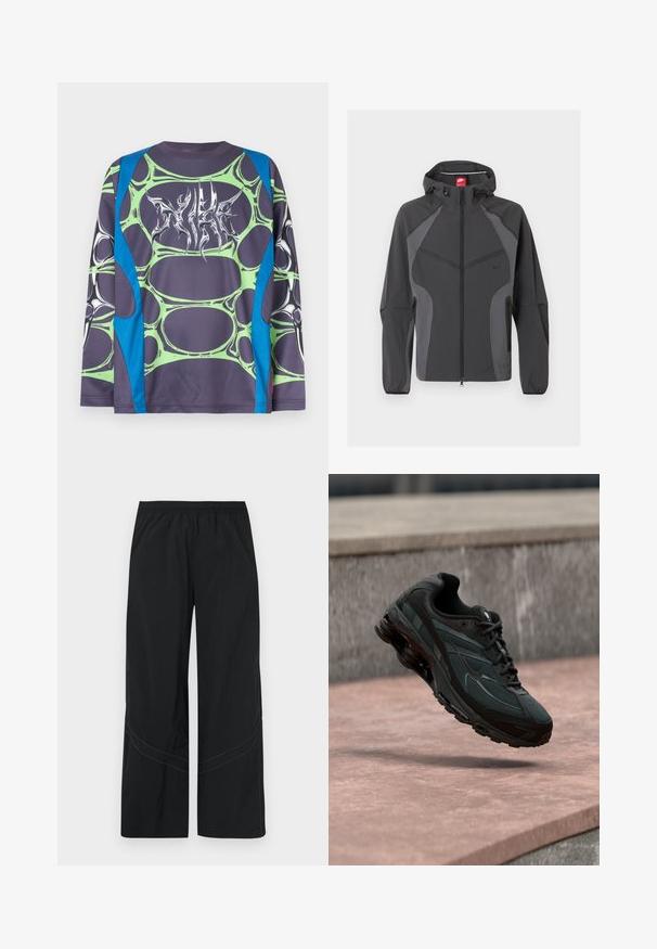 Σκούρο γκρι μπουφάν Nike με κουκούλα, πλήρης φερμουάρ εμπρός, τσέπες με φερμουάρ στα πλάγια και ελαστικές μανσέτες, εμφανίζεται σε λευκό φόντο.; Πουκάμισο με μακριά μανίκια από απαλό ύφασμα, με βάση σκούρου γκρι, πράσινα σχέδια που μοιάζουν με φυσαλίδες και μπλε λεπτομέρειες. Το εμπρός μέρος διαθέτει λευκό γραφικό με στυλιζαρισμένο σχέδιο.; Μαύρο παντελόνι με φαρδύ παντελόνι από ελαφρύ ύφασμα, με ελαστική μέση και διακριτική καμπυλωτή ραφή στο κάτω μέρος.; Μαύρο αθλητικό παπούτσι με ορατή μεσαία σόλα αέρα που αιωρείται πάνω από μια ροζ πέτρινη επιφάνεια με φόντο ένα γκρι πέτρινο τοίχο.