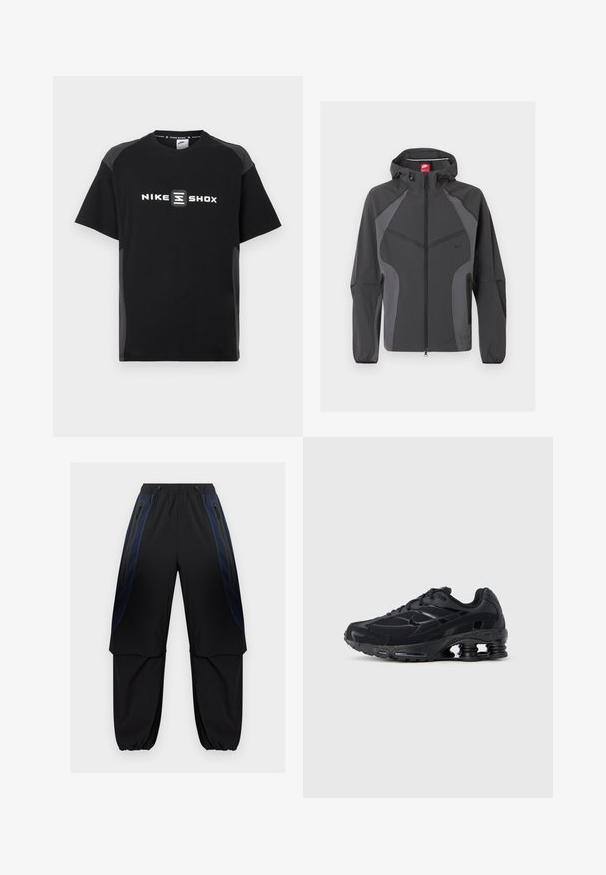 Donkergrijze Nike-hoodie met volledige ritssluiting aan de voorkant, ritssluiting aan de zijkanten en elastische manchetten, afgebeeld tegen een witte achtergrond.; Zwart Nike Shox T-shirt met korte mouwen, met een reflecterend logo aan de voorkant en contrasterende grijze zijpanelen. Soepele textuur.; Zwarte en donkerblauwe cargobroek met elastische tailleband en boorden, voorzien van ritssluitingen aan de zijkanten en gelaagde stofpanelen op de dijen.; Zwarte sportieve schoen met een bovenwerk van mesh, een gevoerde kraag en opvallende dempingstechnologie bij de hiel. Heeft gestructureerde accenten en veters.