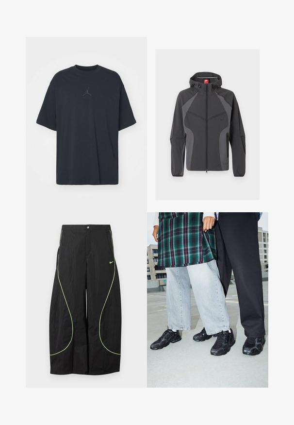 Dunkelgraue Nike Kapuzenjacke mit durchgehendem Frontreißverschluss, seitlichen Reißverschlusstaschen und elastischen Bündchen, dargestellt vor weißem Hintergrund.; Schwarzes Baumwoll-T-Shirt mit lockerem Schnitt, rundem Hals, kurzen Ärmeln, mit einem dezenten Logo und dem Text "AIR" über dem Logo in der Mitte.; Schwarze Nike-Hose mit weitem Bein, neongrünem, geschwungenem Paspel und kleinem Nike-Swoosh-Logo auf dem rechten Oberschenkel, mit Knopf- und Reißverschlussbund.; Schwarze Sportschuhe mit Mesh- und Gummielementen. Kombiniert mit hellgrauen weiten Jeans und einem karierten grünen Oberteil. Flacher Hintergrund.