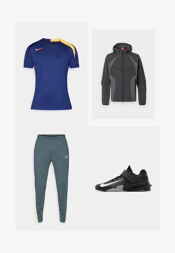 Mørkegrå Nike hættejakke med fuld lynlås foran, lynlåslommer i siderne og elastiske manchetter, vist på hvid baggrund.; Mørkeblå sports T-shirt med korte ærmer, gult skulderpanel og rødt Nike-swoosh på brystet og ærmet.; Mørk teal sportsbukser med elastisk talje, tapered ben og klare gule detaljer på siderne. Har et hvidt logo på forsiden.; Sorte sportsko med et strømlinet design, der har et fremtrædende hvidt Nike-logo, teksturerede overflader og en karakteristisk støbt sål.