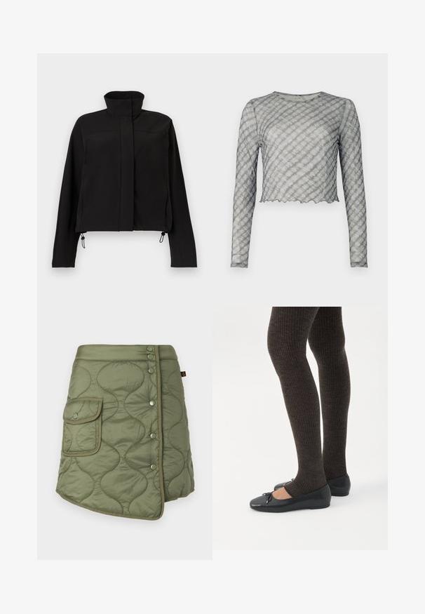 Sort langærmet jakke med høj krave, lynlås foran skjult af klap og justerbare snore i kanten.; Langærmet, cropped top i gennemsigtig grå med let skrå striber. Har rund halsudskæring og bølget afslutning. Blød tekstur, tætsiddende form.; Quiltet olivengrøn nederdel med en omslagdesign, der har en sidelomme, trykknapper og en glat, let blank tekstur.; Ben iført mørke ribbede leggings kombineret med sorte balletsko med små sløjfedetaljer på hvid baggrund.