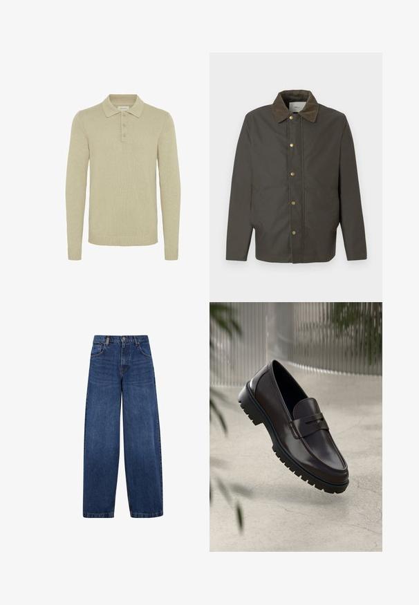 Veste marron foncé avec col en velours côtelé, boutons-pression à l'avant et poches latérales, présentée sur un fond blanc uni.; Pull en polo beige à manches longues en tissu tricoté côtelé, avec une patte de boutonnage à trois boutons et des poignets et un ourlet côtelés. Design de col classique.; Jean en denim bleu à jambes larges avec un design classique à cinq poches, fermeture à bouton et une texture légèrement décolorée. Détails de couture robustes.; Mocassins en cuir marron avec une semelle en caoutchouc texturée et striée. Présente un design épuré et une sangle décorative sur le cou-de-pied.