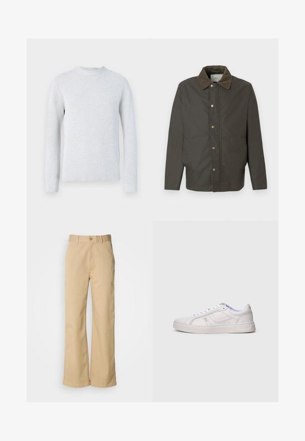Veste marron foncé avec col en velours côtelé, boutons-pression à l'avant et poches latérales, présentée sur un fond blanc uni.; Pull en maille gris clair à manches longues avec col rond et poignets et bas en bord-côte, présenté sur fond blanc.; Pantalon large beige en mélange coton. Fermeture par bouton et passants de ceinture. Texture lisse, avec des détails de couture minimaux.; Baskets blanches basses à lacets, avec des détails cousus et le logo "BOSS" sur le côté et la semelle, vues de côté extérieur.