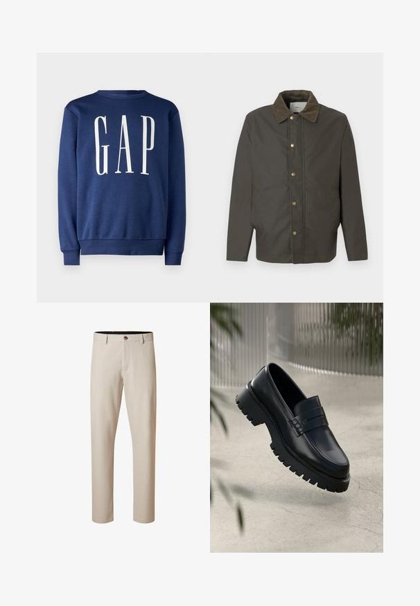 Veste marron foncé avec col en velours côtelé, boutons-pression à l'avant et poches latérales, présentée sur un fond blanc uni.; GAP Sweatshirt - blue shade; Pantalon beige droit avec passants de ceinture et un bouton marron à la taille, fermeture éclair devant, sans poches apparentes.; Mocassins en cuir noir avec une semelle à crampons épaisse, dotés d'une sangle décorative et de détails de couture. Texture lisse avec une finition polie.