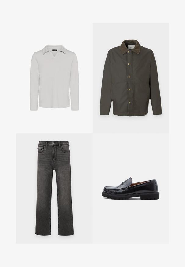 Donkerbruine jas met een corduroy kraag, voorste drukknoopsluiting en zijzakken, tentoongesteld op een effen witte achtergrond.; Matinique MAV - Poloshirt - lunar rock; Rechtaflopende zwarte vervaagde jeans met voorkwab- en muntzakken, met knoop- en ritssluiting, weergegeven tegen een witte achtergrond.; Zwarte leren penny loafer met chunky rubberen zool en moc-toe stiksel, in profiel weergegeven op een witte achtergrond.