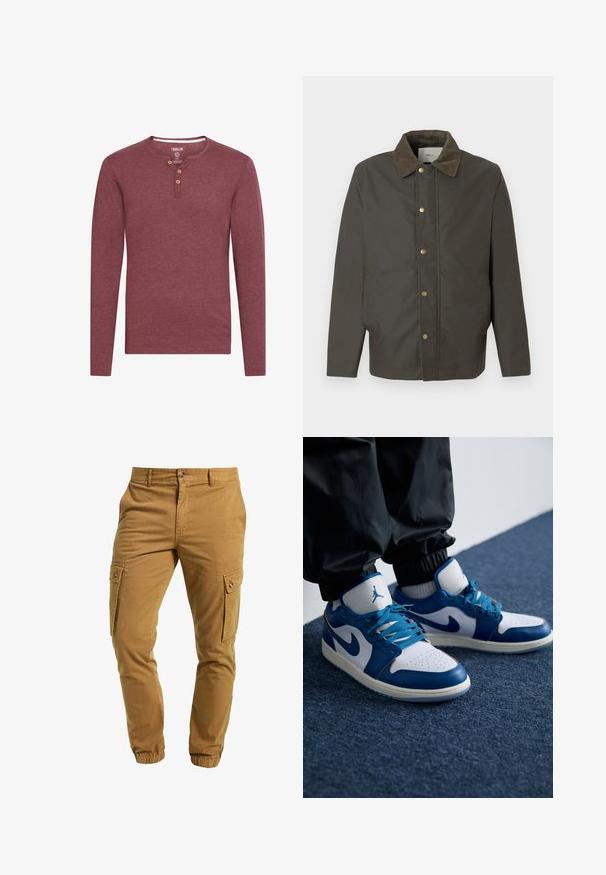 Veste marron foncé avec col en velours côtelé, boutons-pression à l'avant et poches latérales, présentée sur un fond blanc uni.; Chemise henley à manches longues de couleur bordeaux, fabriquée en tissu doux, avec un col arrondi et trois boutons en bois sur le plastron.; Pantalons cargo beige en mélange de coton, avec des poches latérales, une fermeture à bouton, des poignets élastiqués et une texture lisse.; Les baskets Nike Air Jordan présentent une base en cuir blanc avec des accents en synthétique bleu, une boîte à orteils perforée et des lacets bleus.