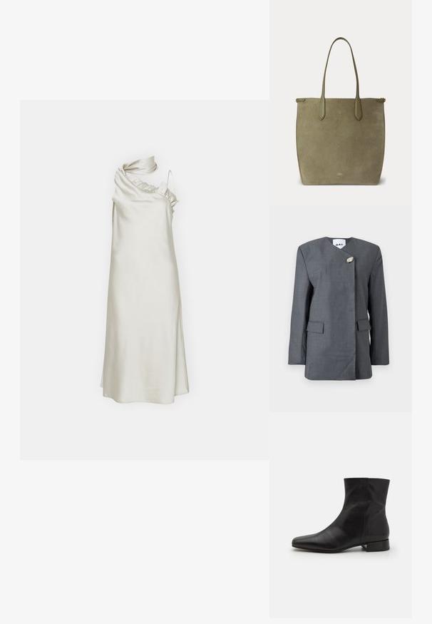 Grå blazer med en tekstureret finish, der har en diagonal lukning, en unik metaldetalje og to forlommer med klapper.; Én skulderkjole i cremet satin med flæsedetaljer ved halsen, flydende A-formet silhuet og justerbar stropp på skulderen.; Sort læder ankelstøvle med spids tå, glat tekstur, minimalistisk design og en lav blokhæl. Sidelukning går op til anklen.; Olivengrøn ruskindstaske med lange håndtag og lille gyldt logo nær bunden i midten på en lys baggrund.