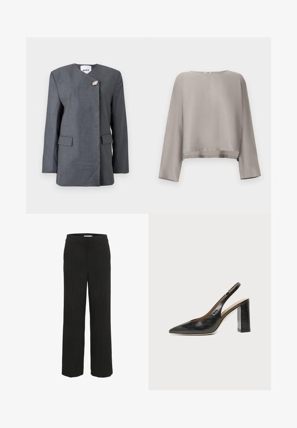 Grijze blazer met een textuurrijke afwerking, voorzien van een diagonale sluiting, een uniek metalen accent en twee klepzakken aan de voorkant.; Lichtgrijs, cropped top met lange mouwen gemaakt van gladde stof. Voorzien van een ronde halslijn en subtiele zoomdetails.; Zwarte pantalon met streepdessin en een rechte tailleband met riemlussen, gemaakt van geweven stof, met verticale strepen in een contrasterende kleur.; Zwarte leren slingback schoen met spits toelopend neusje, hoge blokhak en beige binnenvoering tegen een effen lichte achtergrond.