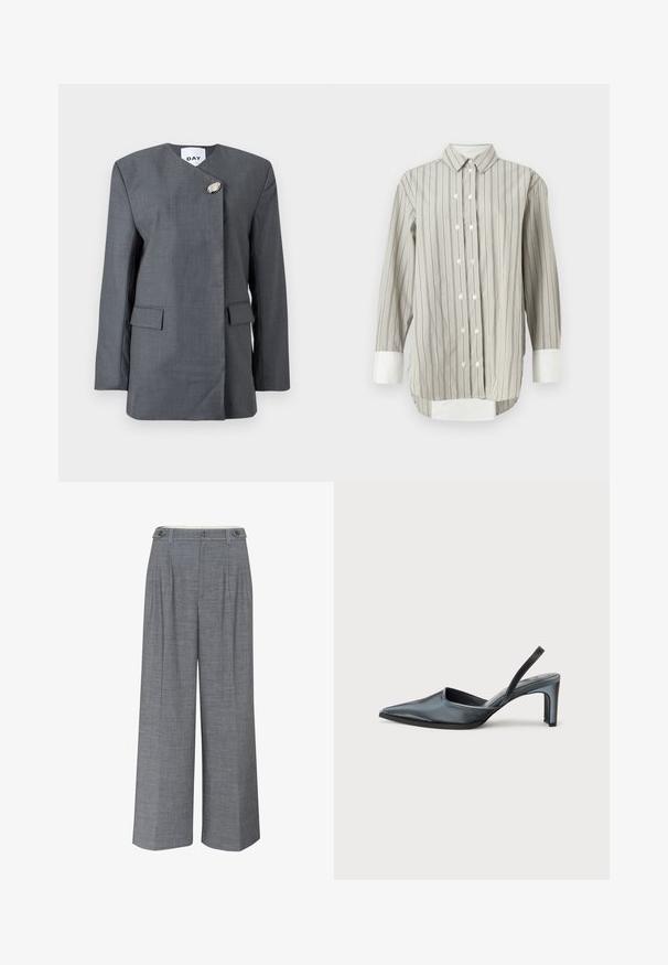 Grå blazer med en tekstureret finish, der har en diagonal lukning, en unik metaldetalje og to forlommer med klapper.; Stribet skjorte i grå og hvid, med klassisk krave, knaplukning med hvide knapper og kontrasterende hvide manchetter. Lange ærmer.; Grå bukser med bred benåbning lavet af tekstureret stof, der har dobbelt knaplukning og frontfolder for ekstra designdetaljer.; Sort slingback-hæl med spids tå, slank satinfinish og en slank hæl på 3 tommer. Åben sidedesign med minimal syningsdetalje.