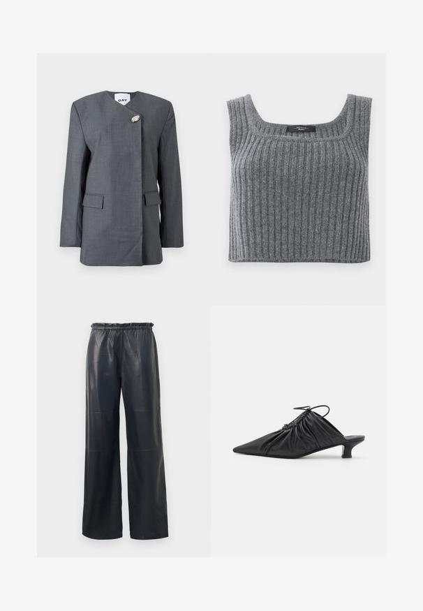 Grijze blazer met een textuurrijke afwerking, voorzien van een diagonale sluiting, een uniek metalen accent en twee klepzakken aan de voorkant.; Weekend Max Mara ZURCA - Top - antracite; Zwarte neplederen wijdgesneden broek met een elastische tailleband, voorzien van een zachte textuur en nette stiksels.; Zwarte leren instappers met een spitse neus, gegatherde textuur en een kleine kittenhiel. Heeft een trekkoorddetail aan de opening.