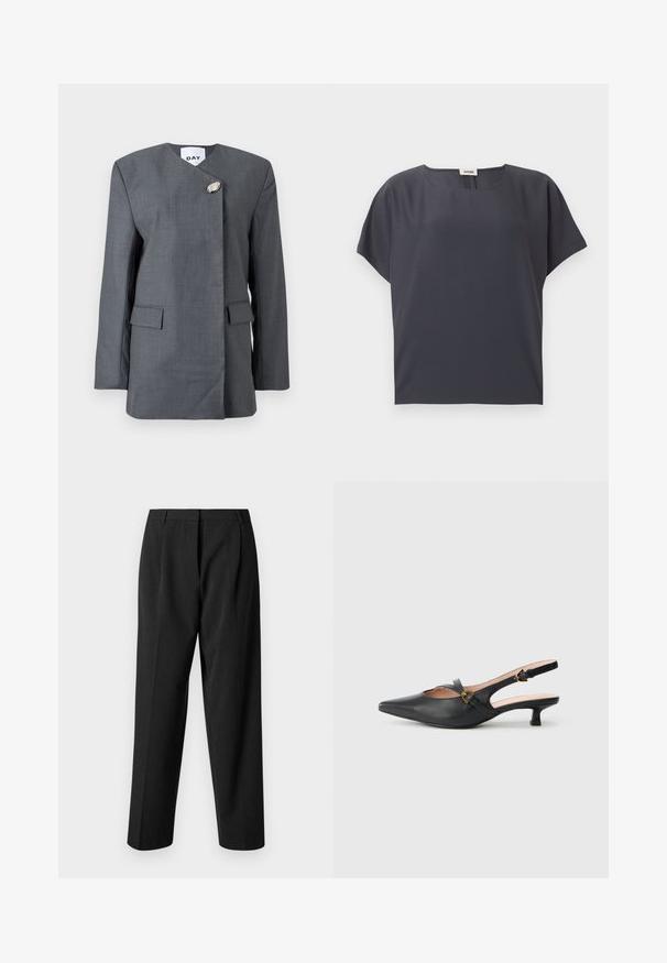 Grå blazer med en tekstureret finish, der har en diagonal lukning, en unik metaldetalje og to forlommer med klapper.; Mørkegrå kortærmet bluse med rund halsudskæring og løs pasform, vist fladt på en lys baggrund.; Sorte skræddersyede bukser med lige ben-design, der har en tekstureret stof, frontfolder og en glat talje.; Sort læderslingback-pumpe med spids tå, lav hæl, udskåret design og guldfarvet spænde på remmen.