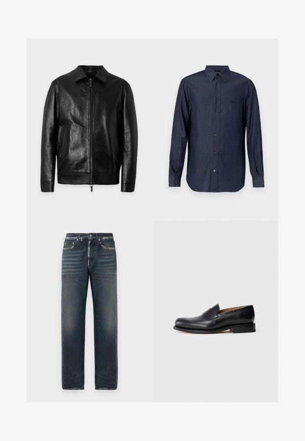 Zwarte leren jas met frontrits, kraag, lange mouwen en zijzakken, getoond tegen een effen lichte achtergrond.; Donkerblauw denim overhemd met lange mouwen, knopen, kraag en manchetten, voorkant zichtbaar tegen een effen lichte achtergrond.; Donkerblauwe spijkerbroek met een relaxed fit, met subtiele vervaging, een rechte pijp en een klassiek vijf-pocket ontwerp.; Zwarte leren instapper met een gladde afwerking, ronde neus en een kleine voorklep. Heeft een lage, solide zwarte hak en minimale ontwerpaccenten.