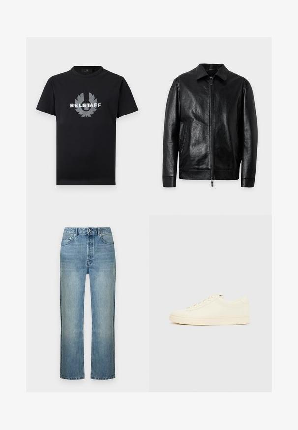 Veste en cuir noire avec fermeture éclair à l'avant, col, manches longues et poches latérales, présentée sur un fond clair uni.; T-shirt noir à manches courtes avec col rond, orné d'un logo Belstaff argenté réfléchissant et d'un emblème ailé centré sur la poitrine.; Jean droit en denim bleu clair avec fermeture avant par bouton et fermeture éclair, passants de ceinture et style cinq poches.; Baskets couleur crème avec une tige en cuir lisse, bout arrondi, laçage à l'avant et semelle en caoutchouc texturée. Design minimaliste, sans logo.