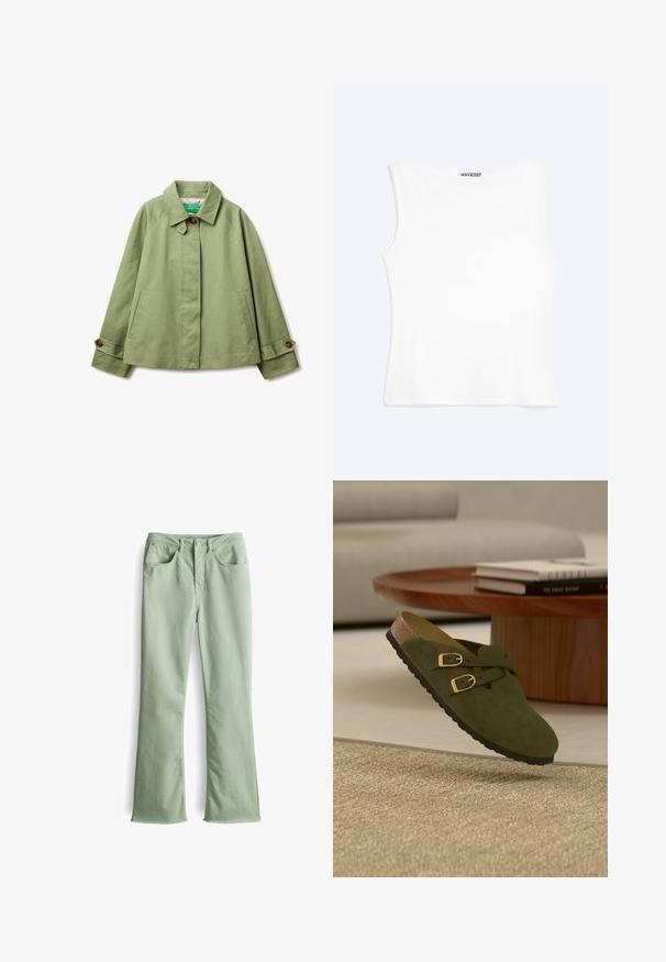 Hellgrüne, knöpfbare Jacke mit Kragen, zwei Vordertaschen und Knopfdetails an den Bündchen, flach auf weißem Hintergrund liegend.; Weißes, ärmelloses, figurbetontes Tanktop mit rundem Ausschnitt und minimalistischem Design, innen am Kragen mit der Aufschrift „WEEKDAY“.; Hellegrüne ausgestellte Denim-Jeans mit Knopfverschluss und fünf Taschen. Mit einem rohen Saum am unteren Ende und glattem, leicht strukturiertem Stoff.; Grüner Veloursleder-Slipper mit doppelten goldenen Schnallen schwebt über einem beigen gewebten Teppich, im Hintergrund ein runder Holztisch und Bücher.