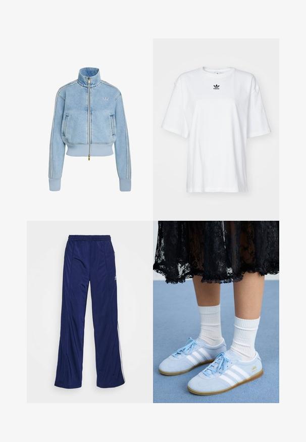 Lichtblauwe denim jas met ritssluiting, geribbelde manchetten en zoom, hoge kraag, zijzakken, drie strepen op de mouwen, Adidas-logo op de borst.; Witte korte mouwen t-shirt van katoen. Voorzien van een ronde hals en een klein zwart Adidas-logo op de borst. Rechthoekige zoom.; Marine blauwe sportbroeken met een elastische tailleband, rechte pijpen en zijritsen. Heeft witte piping langs de zijkanten. Soepele stofstructuur.; Lichtblauwe sneakers met witte strepen en witte sokken, gedragen met een zwarte kanten rok, op een blauwe vloerbedekking.