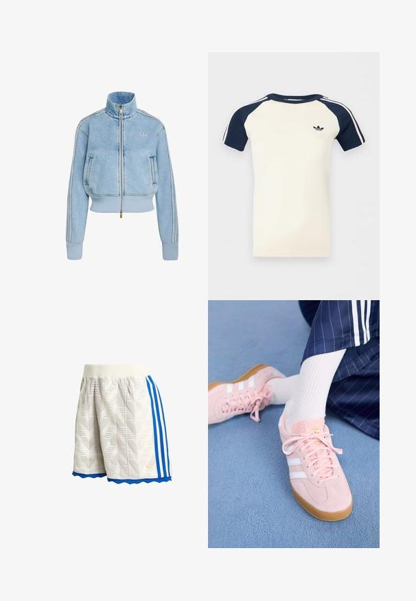 Lichtblauwe denim jas met ritssluiting, geribbelde manchetten en zoom, hoge kraag, zijzakken, drie strepen op de mouwen, Adidas-logo op de borst.; Korte mouwen crème overhemd met marineblauwe raglanmouwen, witte strepen op de mouwen en een klein zwart Adidas-logo op de borst.; Witte textuurshorts met blauwe biezen aan de zijkant, een geribde tailleband, een blauw geschulpte zoom en een klein gouden logo aan de onderzijde.; Lichtroze suède sneakers met witte strepen en veters, voorzien van een gestructureerde tong en een gumzool, geplaatst op een blauwe tapijt.