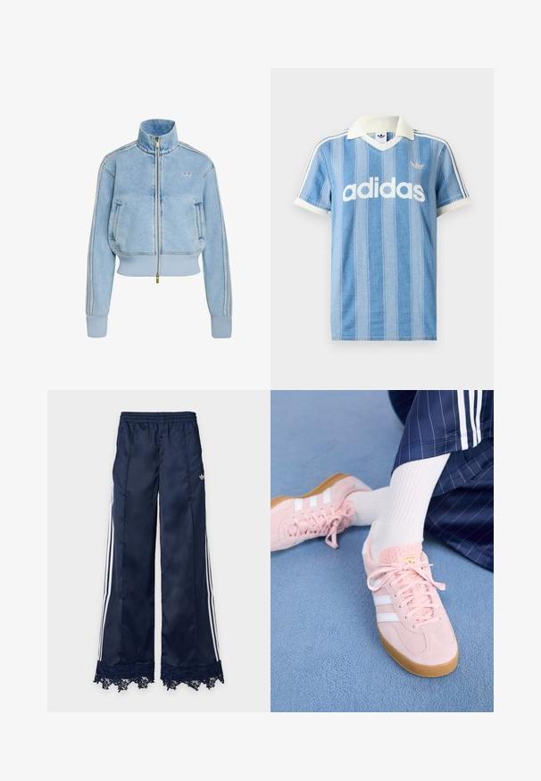Chaqueta vaquera azul claro con cremallera, puños y dobladillo acanalados, cuello alto, bolsillos laterales, tres rayas en las mangas, logotipo de Adidas en el pecho.; Polo de manga corta azul claro con rayas verticales, detalles en blanco y prominente logo blanco de "adidas" en el frente.; Pantalones deportivos de pierna ancha azul marino con rayas laterales blancas, cintura elástica, logo de adidas en la cadera y detalle de encaje en el dobladillo.; Zapatillas de suéd de color rosa claro con rayas y cordones blancos, que presentan una lengüeta texturada y una suela de goma, colocadas sobre una alfombra azul.