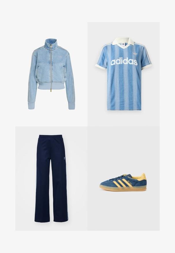 Svetlomodrá rifľová bunda na zips s rebrovanými manžetami a spodným lemom, vysokým golierom, bočnými vreckami, tromi pásmi na rukávoch, logom Adidas na prsiach.; Svetlomodré polokošeľa s krátkym rukávom s vertikálnymi pruhmi, bielymi akcentmi a výrazným bielym logom „adidas“ na prednej strane.; Námornícke nohavice z bavlneného zmesi s širokým strihom, elastickým pásom a zipsovými vreckami, s bielymi bočnými pruhmi a detailom loga.; Modrá semišová teniska so žltými akcentmi, s tromi žltými pruhmi, textúrovaným jazykom a priehľadnou gumovou podrážkou. Viditeľné je aj meno značky „Gazelle“.