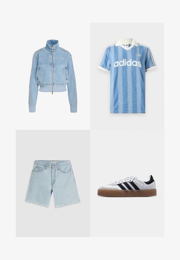 Svetlomodrá rifľová bunda na zips s rebrovanými manžetami a spodným lemom, vysokým golierom, bočnými vreckami, tromi pásmi na rukávoch, logom Adidas na prsiach.; Svetlomodré polokošeľa s krátkym rukávom s vertikálnymi pruhmi, bielymi akcentmi a výrazným bielym logom „adidas“ na prednej strane.; Svetlomodré rifľové šortky s ošúchaným lemom, štyrmi vreckami a zapínaním na zips; disponujú jemným vyblednutím a striebornými kovovými doplnkami.; Biele kožené tenisky s čiernymi pruhmi, gumová podrážka, okrúhla špička, šnurovanie a mäkký sivý semišový špička.