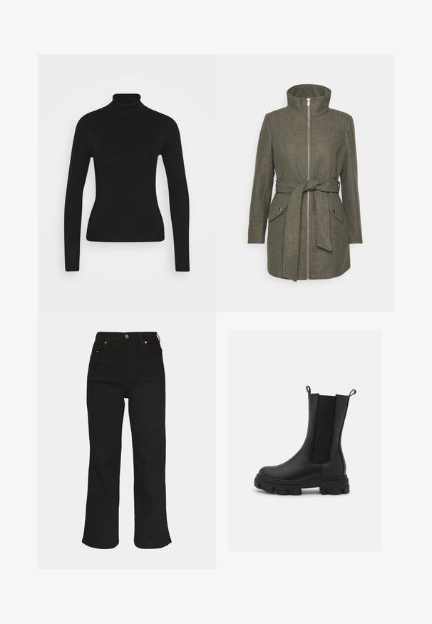Vero Moda Petite VMPOPALLY ZIP - Klassisk frakke - peat melange; Sort turtleneck sweater med lange ærmer, lavet af et glat strikket stof. Har et tætsiddende design og en ribbet krave.; Dr.Denim Petite MOXY - Bukser - solid black; Sort Chelsea-støvle lavet af læder og elastisk stof, med en kraftig gummisål med fremtrædende mønster og trækflapper for nem påtagning.