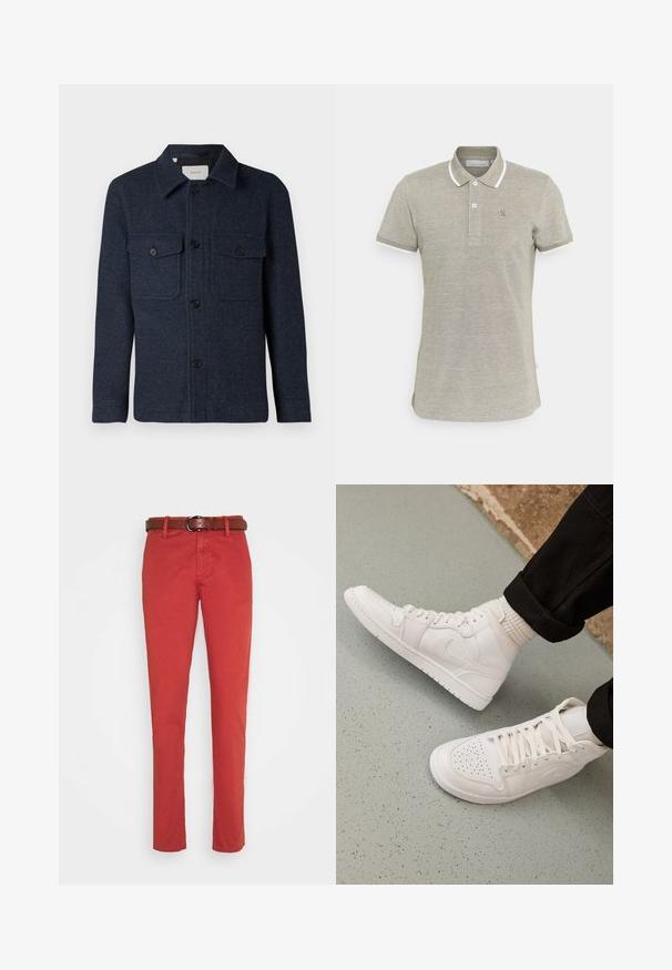 Mørkeblå uldjakke med lange ærmer, knaplukning foran, to knaplukede brystlommer og krave.; Grå polo-shirt lavet af strikstof, med en krave med kontrastfarvet hvid kant og et lille broderet logo på venstre bryst.; Røde bomuldsbukser med lige pasform, der har et tyndt brunt læderbælte og fire lommer. Glat tekstur med minimale syninger.; Hvide høj-top sneakers lavet af glat læder med perforeret tå, snørelukning og subtil logo detaljer på siden. Tekstureret gummisål.