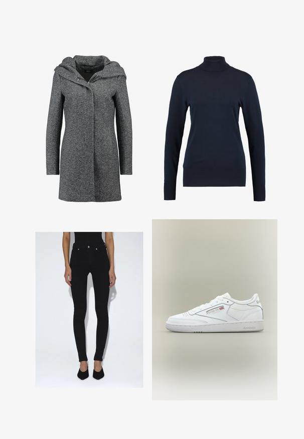Grijze wollen mixjas met een capuchon, voorrits en twee zijzakken. Heeft een textuurstof en een recht gesneden ontwerp.; Kaffe ASTRID ROLL NECK - Trui - midnight marine; Persoon die zwarte skinny jeans met hoge taille en zwarte puntige pumps draagt, staand tegen een effen witte achtergrond.; Witte lage Reebok sneaker met stikseldetails, perforaties bij de tenen en Reebok-logo met een kleine Union Jack aan de zijkant.