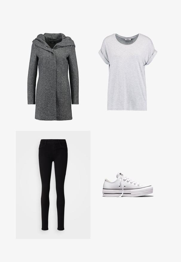 Manteau en mélange de laine gris avec une capuche, fermeture éclair à l'avant et deux poches latérales. Présente un tissu texturé et un design droit.; T-shirt gris clair à manches courtes avec un col rond et des ourlets roulés, fabriqué en tissu doux, présentant une coupe décontractée et un design minimaliste.; Pantalons slim fit noirs avec fermeture à bouton, passants de ceinture et poches avant, présentés sur un fond clair et uni.; Baskets basses en toile blanche avec lacets blancs, semelle en caoutchouc, détails à rayures noires, et écusson logo sur la languette et le talon.