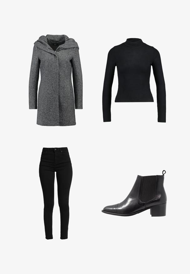 Grå uldblandingsfrakke med hætte, frontlynlås og to sidelommer. Har et struktureret stof og en lige snit.; Sort langærmet turtleneck top lavet af ribbet stof, med en tætsiddende design og slank silhuet. Ingen mønstre eller detaljer.; Sorte høj talje skinny jeans lavet af stræk denim, med en foran knap, lynlåsåbning og fem lommer for funktionalitet.; Sorte læder ankelstøvler med elastiske sidepaneler, rund tå og tekstureret blokhæl. Har en løkke til at trække i bagpå for nem påtagning.