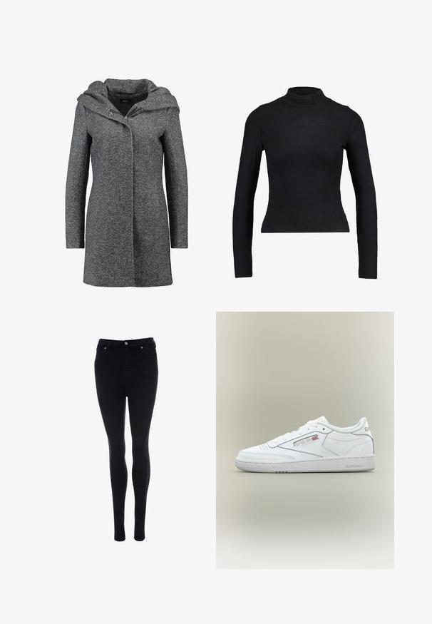 Grijze wollen mixjas met een capuchon, voorrits en twee zijzakken. Heeft een textuurstof en een recht gesneden ontwerp.; Zwart langemouwen turtleneck top gemaakt van ribbelstof, met een aansluitend ontwerp en slanke silhouette. Geen patronen of accenten.; Zwarte high-waisted skinny jeans met voorknop en rits, voor- en achterzakken, afgebeeld tegen een witte achtergrond.; Witte lage Reebok sneaker met stikseldetails, perforaties bij de tenen en Reebok-logo met een kleine Union Jack aan de zijkant.