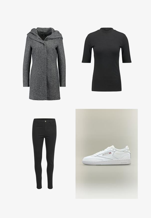 Manteau en mélange de laine gris avec une capuche, fermeture éclair à l'avant et deux poches latérales. Présente un tissu texturé et un design droit.; T-shirt noir à côtes avec un col montant et des manches courtes. Design lisse et ajusté sans motifs ni détails matériels visibles.; Jeans skinny noirs avec une texture de tissu lisse, dotés d'une fermeture à bouton à l'avant, de cinq poches et d'un design ajusté.; Baskets basses blanches Reebok avec détails de couture, perforations près des orteils et logo Reebok avec un petit Union Jack sur le côté.