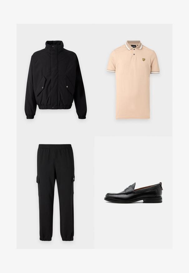 Chaqueta negra acolchada con cuello alto, botones de presión, puños elásticos y dos bolsillos frontales. Presenta un logotipo sutil en el pecho.; Polo beige hecho de algodón, con una tapeta de dos botones, detalles de rayas blancas en el cuello y las mangas, y un logo amarillo en el pecho.; Pantalones de chándal negros con cintura elástica, puños ajustados y bolsillos laterales tipo cargo. Fabricados con material suave y textura lisa.; Mocasín de hombre de piel negra con costura moc toe, tira penny, cuello texturizado y tacón bajo apilado sobre fondo blanco.