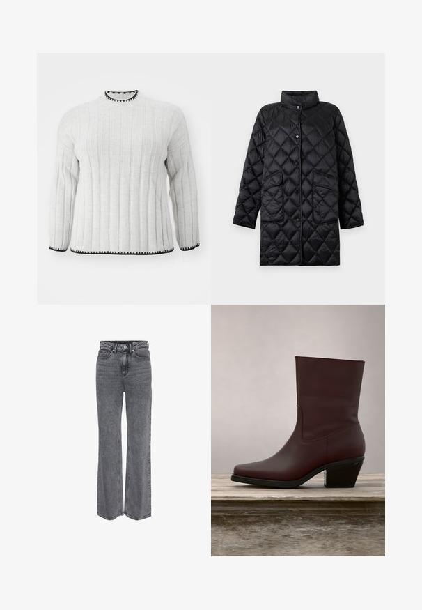 Long manteau matelassé noir avec col montant, fermeture pression et deux grandes poches avant.; Pull en maille côtelée gris clair à manches longues, avec une bordure noire au col haut et à l'ourlet. Texture douce et design décontracté.; Jean en denim gris taille haute, coupe droite, avec bouton à l'avant, fermeture éclair, et design classique à cinq poches.; Bottine en cuir marron foncé avec un talon carré reposant sur une surface en bois en plein air, avec en arrière-plan une herbe verte haute.