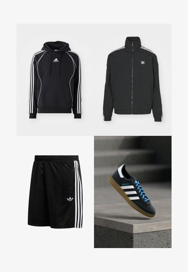 Sort jakke med høj krave, lynlås lukning og to sidelommer. Hvite tre-stribe accenter på ærmerne og lille logo på brystet.; Sort Adidas hoodie med hvide striber på ærmerne, hvid pipedetalje foran, frontlomme i kænguru-stil og snøre i hætten.; Sorte atletikshorts lavet af glat materiale med et hvidt tre-stribet design på siderne og en lille logo på nederste venstre side.; Sort Adidas sneaker med hvide striber, blå snørebånd og gummisål, der svæver over gråt betontrin i blødt lys.