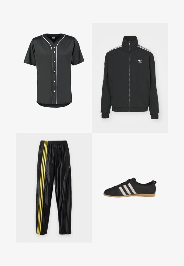 Zwarte jas met hoge kraag, ritssluiting en twee zijzakken. Witte drie-strepen accenten op de mouwen en klein logo op de borst.; Zwart baseball shirt met korte mouwen van gladde stof. Voorzien van witte knopen en contrasterende witte bies langs de voorkant en kraag.; Zwarte sportbroek van glanzend materiaal met een elastische tailleband, voorzien van twee gele strepen langs de zijkant en een klein logo.; Zwarte lage sneaker met witte strepen en bruine rubberen zool, zijaanzicht op een witte achtergrond.