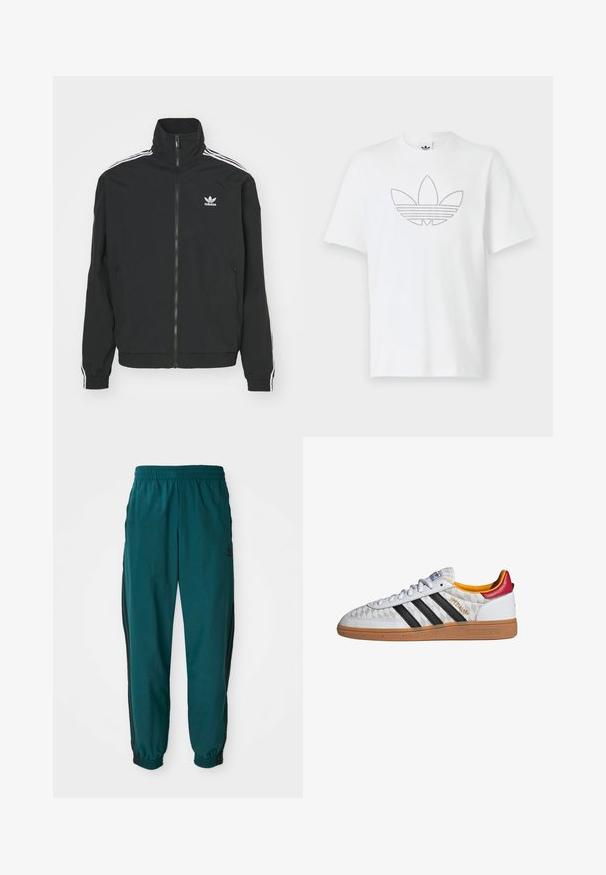 Sort jakke med høj krave, lynlås lukning og to sidelommer. Hvite tre-stribe accenter på ærmerne og lille logo på brystet.; Hvid bomulds-T-shirt med en prikket sort kontur af et trefoil-logo på fronten. Korte ærmer og rund halsudskæring.; Teal sportsbukser med snoretræk i taljen, elastiske manchetter og sorte striber på siden. Lavet af letvægtsstof med et logo nær hoften.; Hvid Adidas Spezial sneaker med sorte striber, gummisål, quiltet mønster, rød hælflap og gul inderfor, set fra siden.