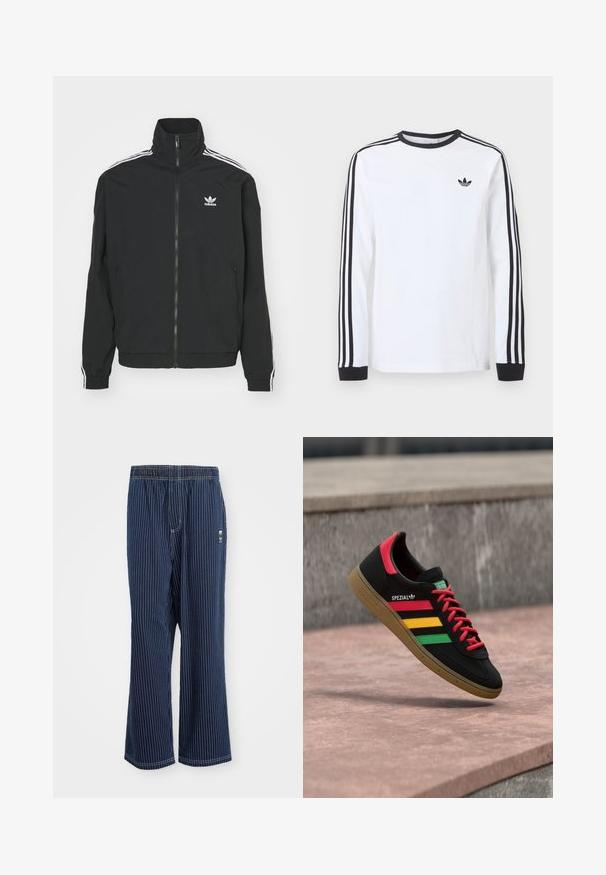 Sort jakke med høj krave, lynlås lukning og to sidelommer. Hvite tre-stribe accenter på ærmerne og lille logo på brystet.; Hvid langærmet Adidas-trøje med sort rund hals, sorte manchetter, tre sorte striber ned langs ærmerne og sort trekløverlogo på brystet.; Navy stribede bukser med lyseblå lodrette striber, elastisk talje, bred benudskæring og et lille logo på siden. Stoffet har en glat tekstur.; Sort Adidas Spezial-sneaker med røde, gule og grønne striber, røde snørebånd, gummisål og rødt hældetalje, vist svævende over fortovet.