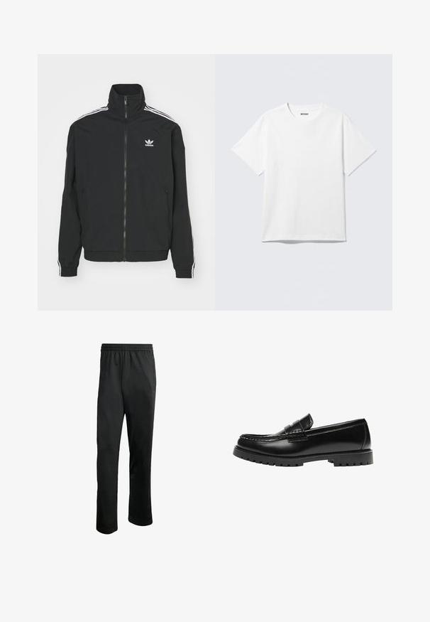 Sort jakke med høj krave, lynlås lukning og to sidelommer. Hvite tre-stribe accenter på ærmerne og lille logo på brystet.; Hvid kortærmet crewneck T-shirt lagt fladt ud, ensfarvet design, med "WEEKDAY" mærkat inde i kraven på en lys baggrund.; Sorte træningsbukser med en komfortabel elastisk livline, to sidelommer og et glat, let stof. Har diskrete logo detaljer.; Sort læderloafer med en kraftig gummisål og klassiske penny-strap detaljer, vist fra ydersiden.