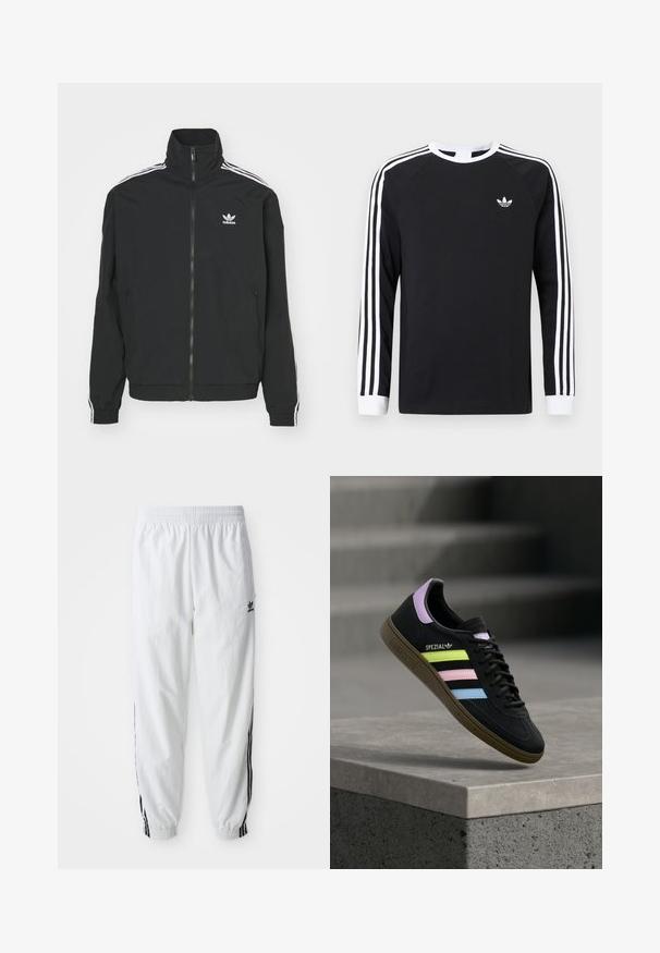Sort jakke med høj krave, lynlås lukning og to sidelommer. Hvite tre-stribe accenter på ærmerne og lille logo på brystet.; Sort langærmet T-shirt med hvidt trestribet design på ærmerne. Har rund halsudskæring og et lille hvidt logo på brystet.; Hvide træningsbukser med sorte sidelister, elastisk talje og manchetter; har Adidas-logoet på venstre lår. Glat stoftekstur.; Sort Adidas Spezial sneaker med pastelgule, pink og blå striber, lavendel hælstrop og brun sål, svævende over betonforkant.