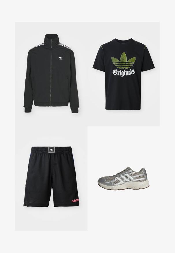 Sort jakke med høj krave, lynlås lukning og to sidelommer. Hvite tre-stribe accenter på ærmerne og lille logo på brystet.; Sort bomulds T-shirt med et slidt grønt grafik med tre striber og ordet "Originals" nedenfor i hvidt, rund halsudskæring, korte ærmer.; Sort sportsshorts lavet af tekstureret, åndbart stof. Har en elastisk talje og et pink "adidas"-logo på den nederste højre side.; Sølvmesh løbesko med syntetiske detaljer, featuring tre hvide striber, polstret krave og tekstureret ydersål for bedre greb.
